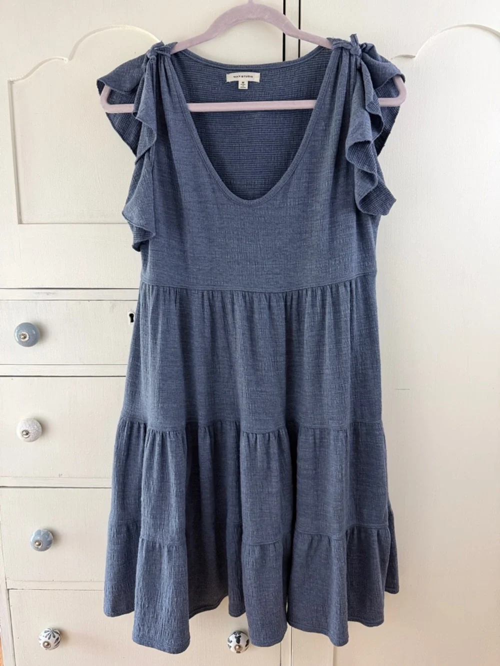 Max Studio Dusty Blue Tiered Ruffle-Sleeve Mini Dress M